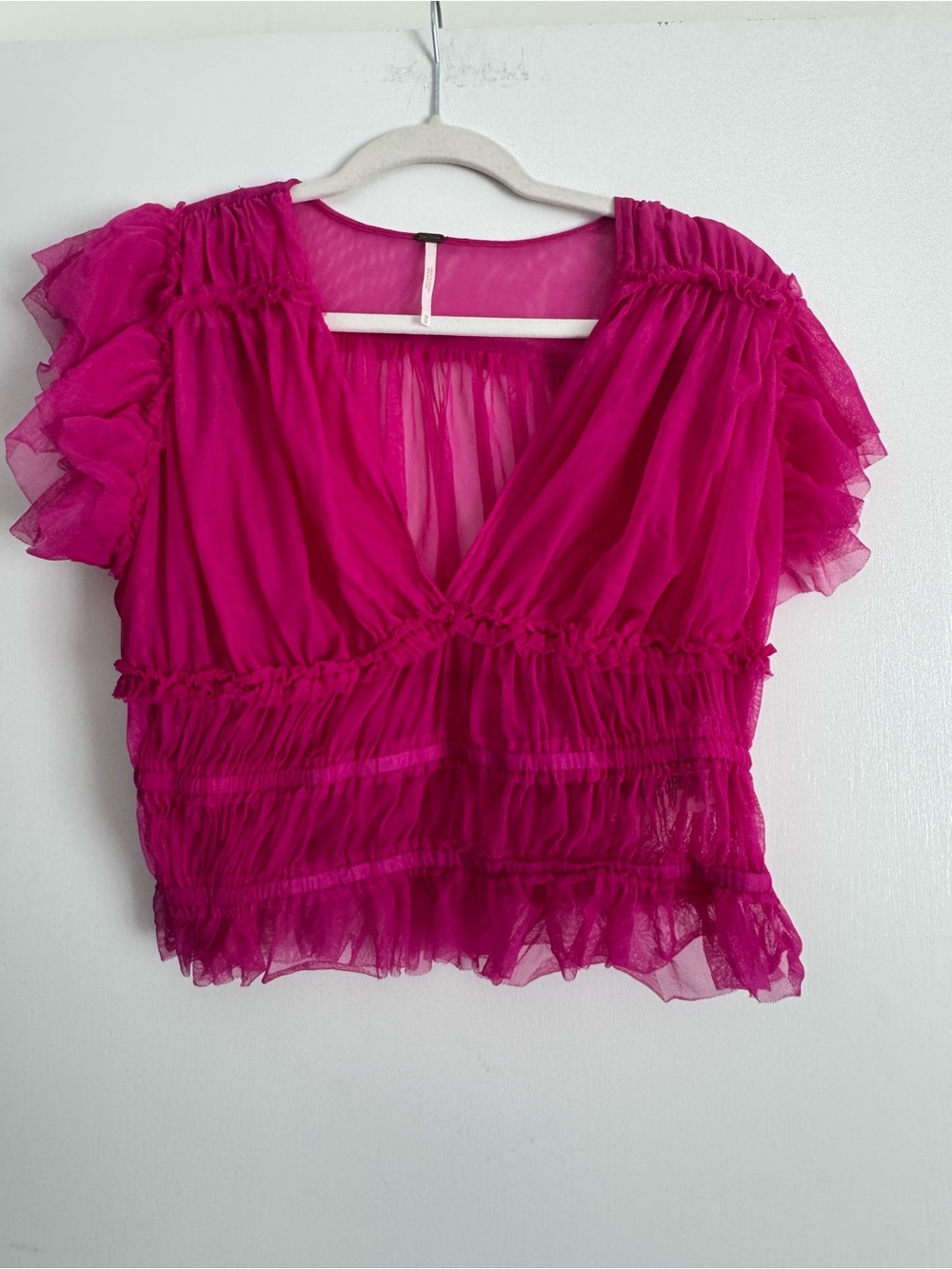 Free People Ruffled Sheer V-Neck Blouse in Fuchsia